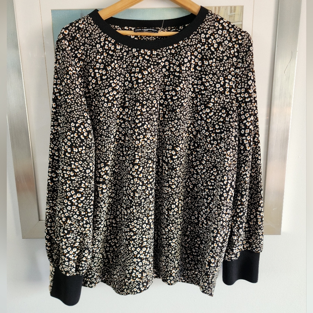 Karl Lagerfeld Black and White Floral Long Sleeve Blouse